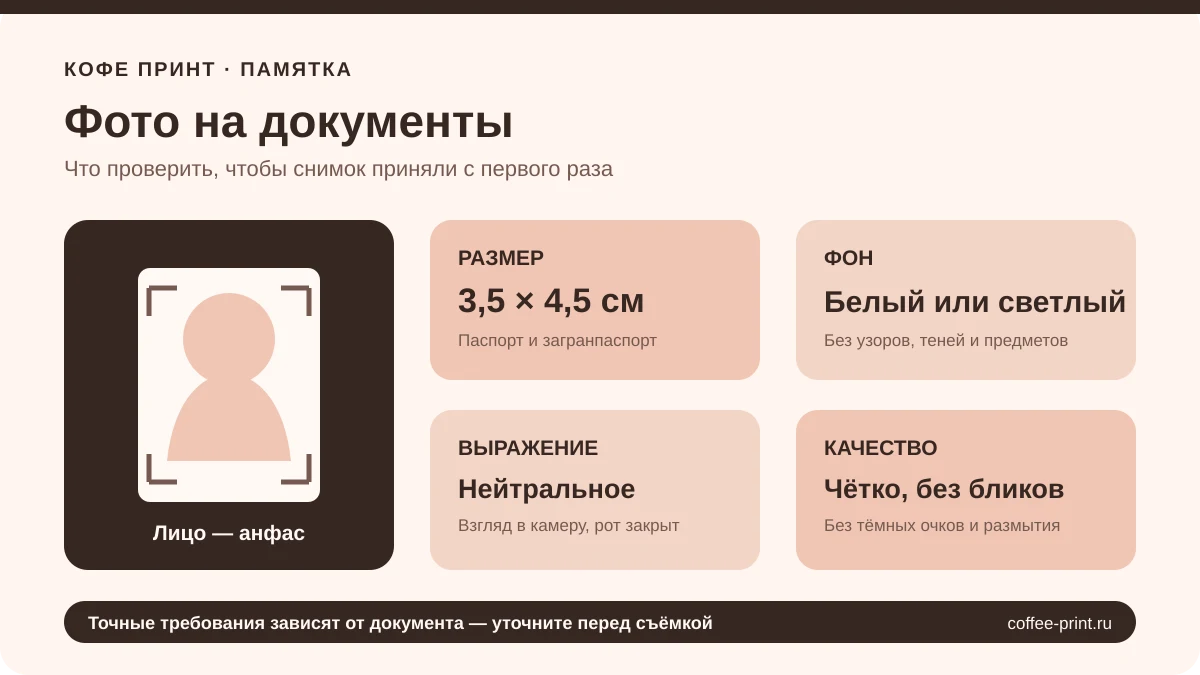 Памятка по фото на документы: размер, светлый фон, нейтральное выражение, взгляд в камеру и чёткое изображение