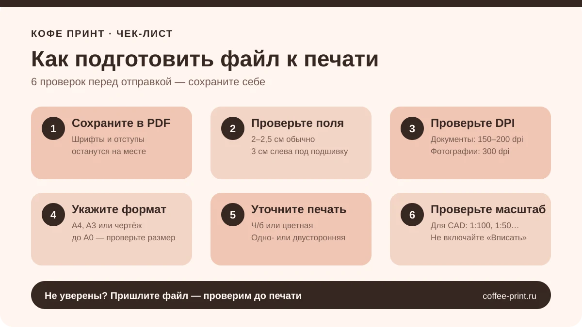 Чек-лист: шесть шагов подготовки файла к печати — PDF, поля, DPI, формат, параметры печати и масштаб
